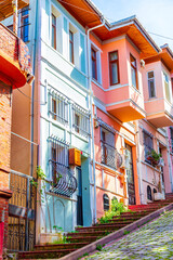 Fototapeta na wymiar Colorful Houses in old city Balat. Balat is popular touristic destination in Istanbul