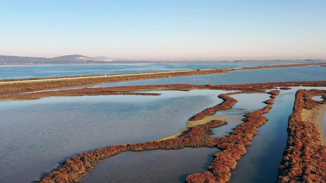 Flight over the pond of Vic, near Vic la Gardiole, in Herault, in Occitanie, France
