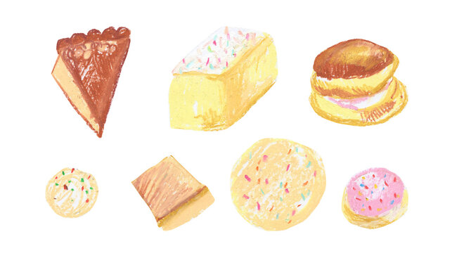 Set of illustrations of baked goods drawn with wax crayons in a children's style.Collection of images of Sweet food,desserts textured pastels in doodle.Designs for menus,invitations,stickers,cards.