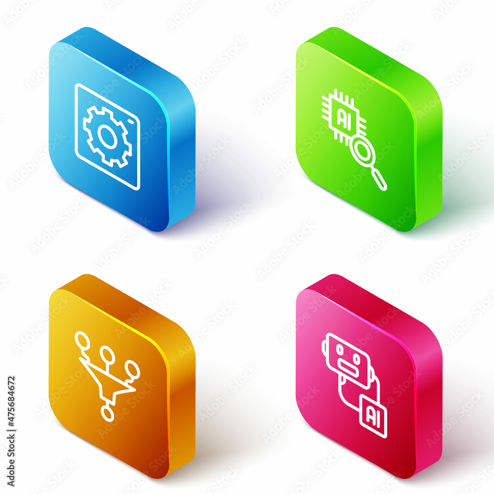 Poster set isometric line computer api interface, processor cpu, funnel filter and artificial intelligence 