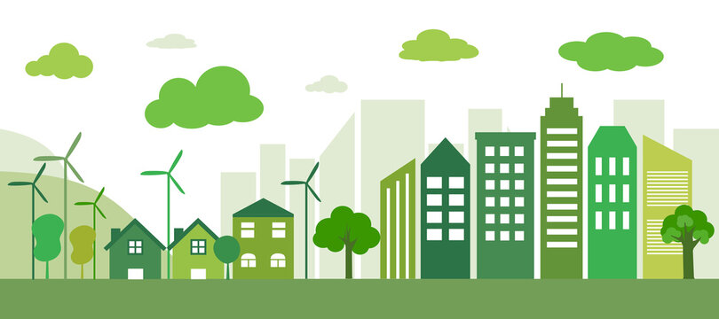 Sustainable Green Eco City Landscape In Flat Design Vector Illustration.