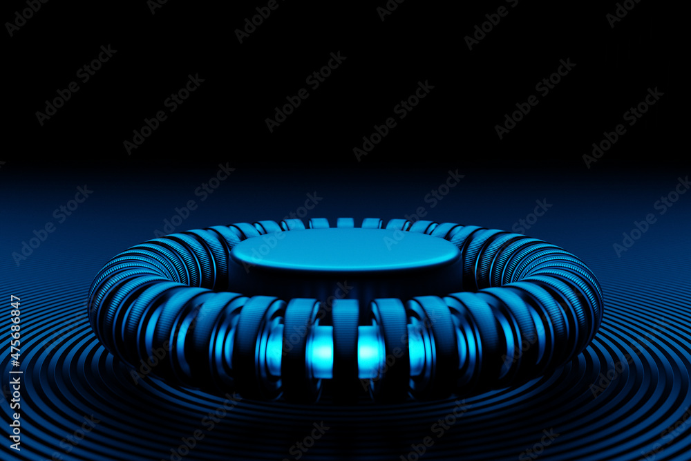 Poster 3d rendering abstract blue round shape, portal . round spiral on dark isolated background