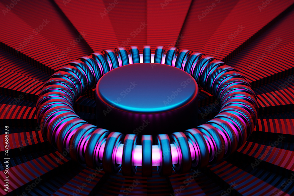 Poster 3d rendering abstract multicolored round fractal, portal. volume control. pink and red round spiral.