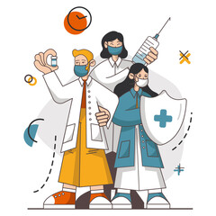 Cartoon illustration with vaccine protect for medical design. Treatment. Vector design. Coronavirus and doctors with syringe concept. Professional shield for viral infection. Coronavirus guardian