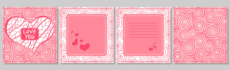 Saint valentine's day greeting card ready design. Square front, back, inside template with heart, frame, place for text, phrase Love You, swirl pattern. Romantic pink and white doodle zenart bundle