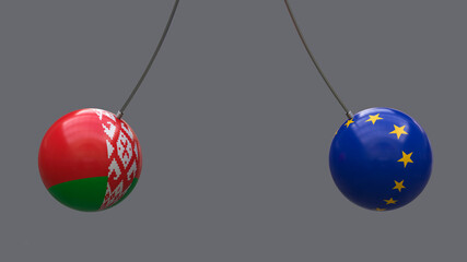 Balls on the ropes in the colors of the national flags of Belarus and the European Union are directed towards each other against a neutral background. 3D rendering. Blank for design. Layout.