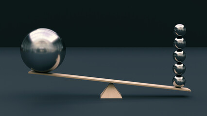 Several small metal balls of small diameter outweigh one large ball on a swing. 3D rendering. Minimalism. Abstraction. Balance concept. Leadership.