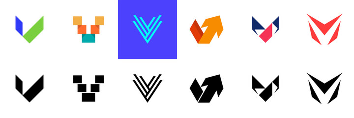 Abstract logos collection with letter V. Geometric abstract logos. Icon design 