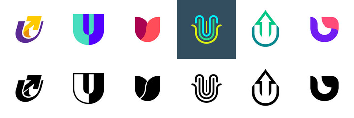 Abstract logos collection with letter U. Geometric abstract logos. Icon design 