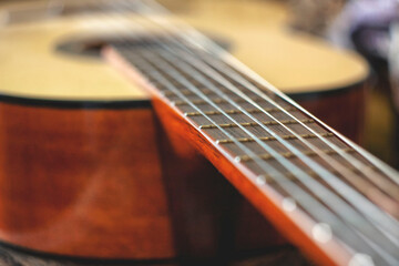 acoustic guitar close up. guitar strings