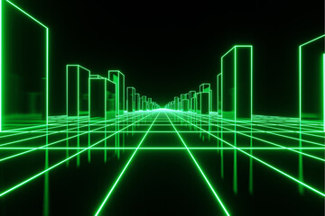 Abstract 3D green neon hologram cyberspace buildings. Digital City, Technology and connection concept. 3D illustration.