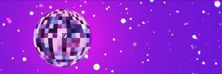 3D illustration. Disco Ball Spinning with reflection and colorfull bokeh seamless. Mirror ball reflects loop. Panoramic banner.
