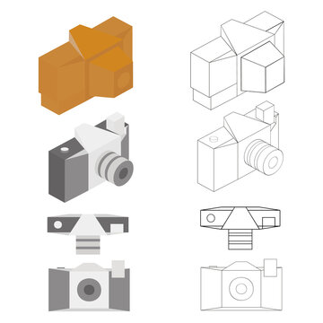 A jpeg illustration of cameras and camera cases set isolated on transparent background. Designed in orange, grey, black and white colors for web concepts 