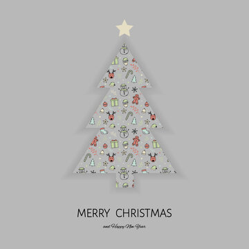 Christmas tree with festive ornaments.. Xmas greeting card. Vector