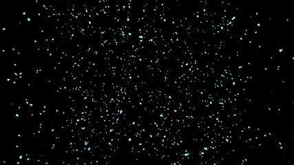 Abstract flying light particles of snowflakes on the background of the cosmic sky. Beautiful landscape of the night winter sky. 3D. 4K. Isolated black background.