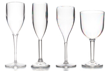 Realistic wine and champagne glasses. Four transparent wine glasses for gourmets. Isolated glasses on white background for festive events