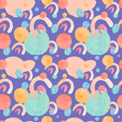 Watercolor abstract seamless pattern on a purple Very Peri background. Trendy print with textured shapes, blotches, hand painted stains.Designs for textiles, fabric, wrapping paper, packaging.