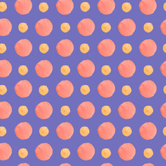 Abstraktes nahtloses Muster des Aquarells auf einem purpurroten sehr Peri-Hintergrund. Trendiger Druck mit strukturierten Formen, Flecken, handgemalten Flecken. Designs für Textilien, Stoffe, Geschenkpapier, Verpackungen.