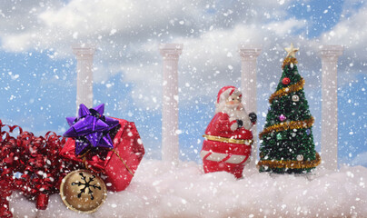 Christmas Tree and Columns on Cotton With Blue Sky. Christmas Scene