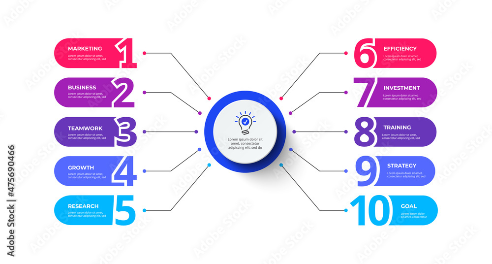 Fototapete Flow chart with 10 rounded elements and numbers connected to main circle. Concept of ten stages of business project. Modern infographic design template.