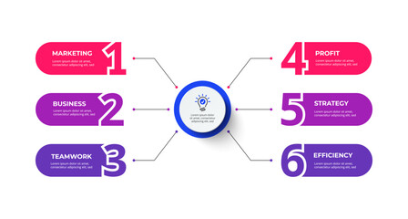 Flow chart with 6 rounded elements and numbers connected to main circle. Concept of six stages of business project. Modern infographic design template.