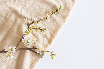 Closeup flowering branch of almond with a cloth napkin and white table background. Floral composition, feminine styled stock image. Selective focus. A place for your text.