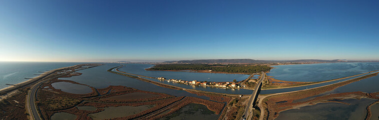 Fototapeta premium Flight over the pond of Vic, near Vic la Gardiole, in Herault, in Occitanie, France