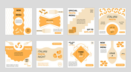 Italian past banners. Posters with cartoon wheat food, spaghetti with place for text. Vector set