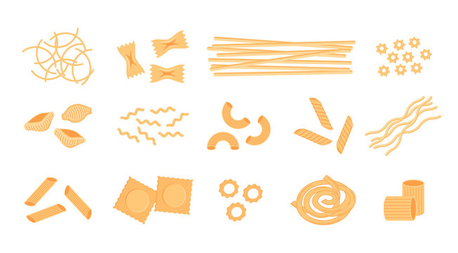 Cartoon pasta. Different types of Italian wheat noodles, spaghetti for restaurant menu. Vector set