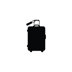 Travel suitcase with wheels in black. Vector icon isolated on white background.