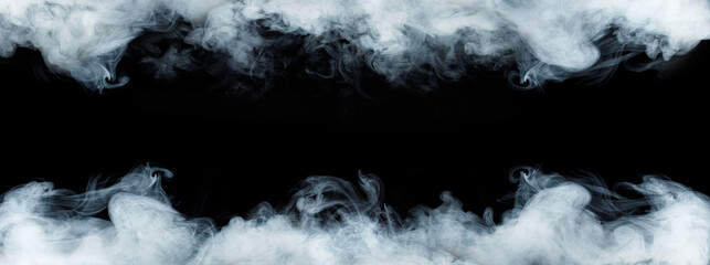 Panoramic view of the abstract fog. White cloudiness, mist or smog moves on black background....