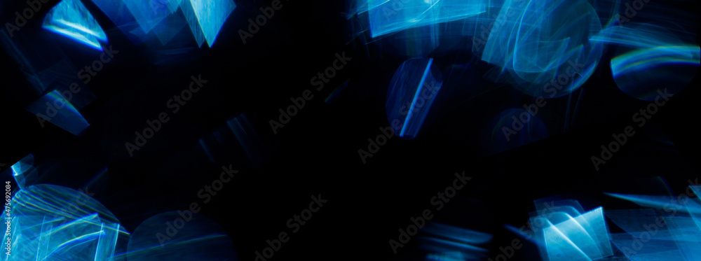 Poster Easy to add lens flare effects for overlay designs to make high-quality images. Panoramic abstract digital flare, iridescent glare over black background.