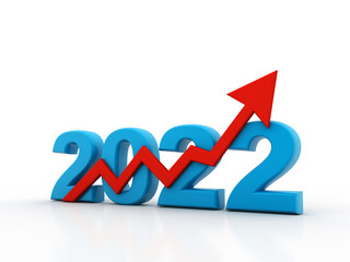 New year 2022. Conceptual illustration, Financial and economic growth in 2022 year with red arrow upwards represents the growth and Business success on white background. 3d render