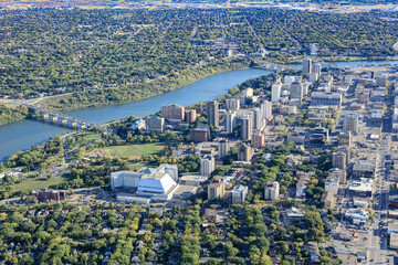 Aerial view of the downtown area of Saskatoon, Saskatchewan, Canada