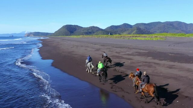 aerial panoramic landscape of a little-known sandy coastline with a galloping riders on horses along the sea, Iceland