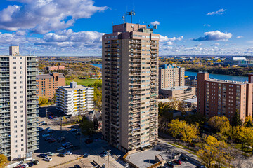 Aerial view of the downtown area of Saskatoon, Saskatchewan, Canada