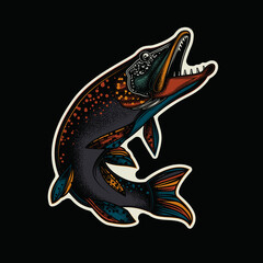 Original vector illustration in vintage style. Fish-pike. T-shirt design, stickers, print.