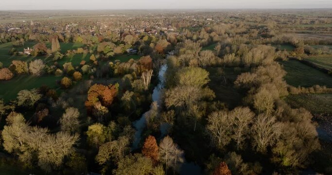 River Cherwell North Oxford UK Autumn Season Aerial Landscape Colour Graded