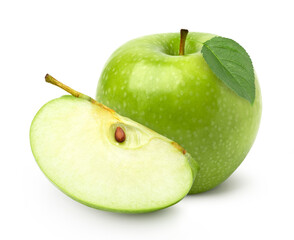 fresh green apple fruit and slices with leaves isolated on white background.