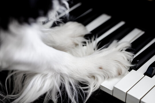 Classic wooden piano with white and black keys. Paws of a spaniel dog on the keys. Music education.