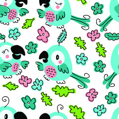 Hand drawn  seamless pattern with parrots and flowers. Perfect for T-shirt, textile and print. Doodle vector illustration for decor and design.
