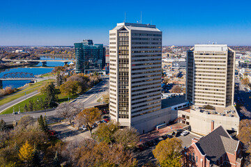 Aerial view of the downtown area of Saskatoon, Saskatchewan, Canada