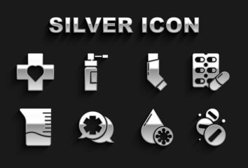 Set Dialogue with the doctor, Pills in blister pack, Medicine pill tablet, Blood test and virus, Measuring cup, Inhaler, Heart cross and Bottle nozzle spray icon. Vector