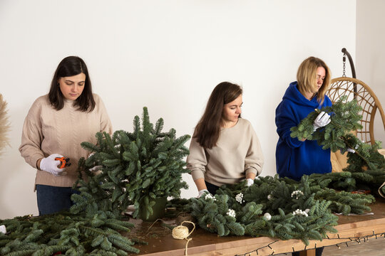 DIY Christmas composition from nobilis. Wreath decor for holiday decorations. Girls at a workshop on making floristry from tree branches