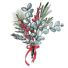 New Year's festive bouquet of pine branches, green leaves, eucalyptus and red winter berries, tied with a red ribbon. Drawing in the style of watercolor. - 475697229
