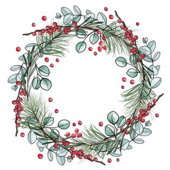 Christmas wreath made of pine branches, eucalyptus and red winter berries. Festive decor, interior decoration. Drawing in watercolor style. - 475697236