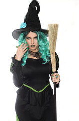 Witch With Green Hair and Broom on White Background