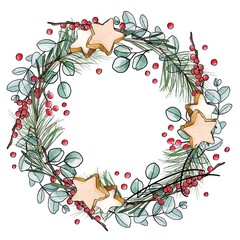 Christmas wreath made of pine branches, eucalyptus, berries and homemade cookies. Festive decor, interior decoration. Drawing in watercolor style. - 475697290