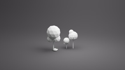Trees low poly in dark isolated background. 3D illustration in monochrome with copy space