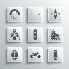 Set Motorcycle, Skateboard trick, Roller skate, Snowboard, Rugby ball, Snowmobile, Parachute and Kayak canoe icon. Vector